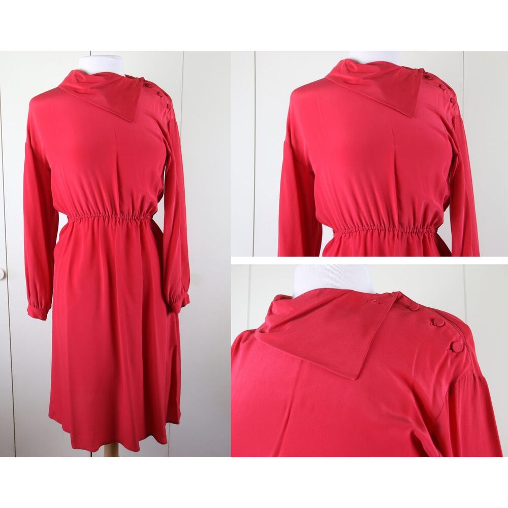 80s Red Silk Long Sleeve Dress, Asymmetrical Collar, Vintage, M/L